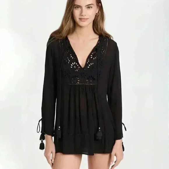 Playa Lucila Eyelet Tunic Dress - Black - Size S - Picture 1 of 7